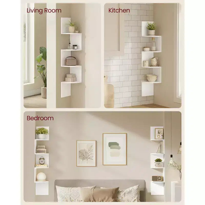 Lot de 2 étagères d'angle murales, bibliothèques d'angle flottantes à 4 niveaux, étagères à plantes pour chambre, salon, salle de bain, bureau à domicile