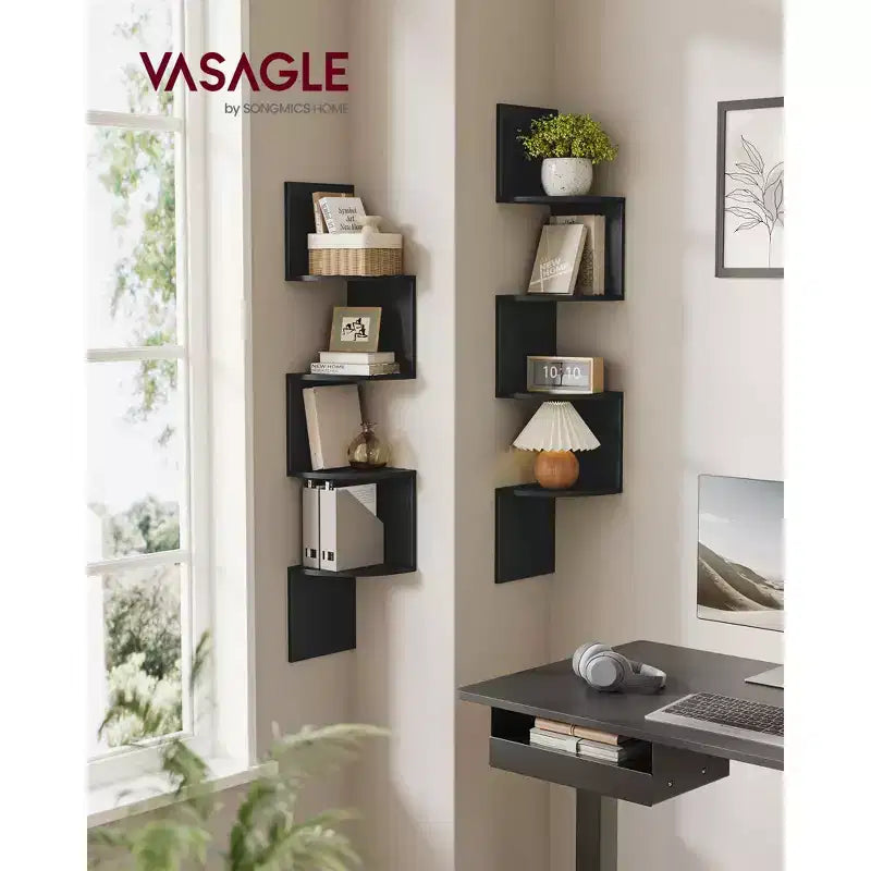 Lot de 2 étagères d'angle murales, bibliothèques d'angle flottantes à 4 niveaux, étagères à plantes pour chambre, salon, salle de bain, bureau à domicile
