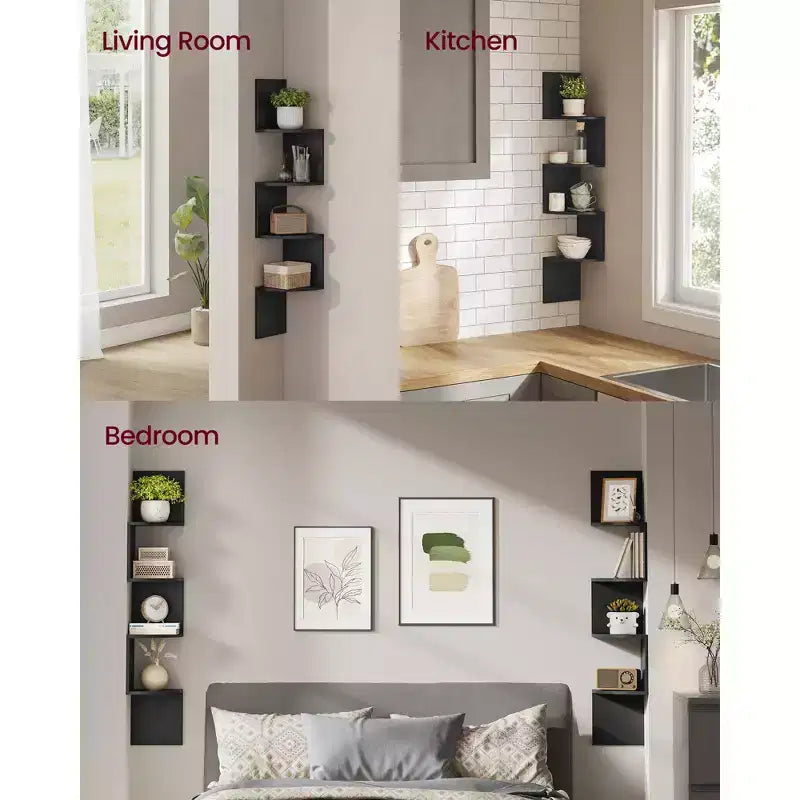 Lot de 2 étagères d'angle murales, bibliothèques d'angle flottantes à 4 niveaux, étagères à plantes pour chambre, salon, salle de bain, bureau à domicile