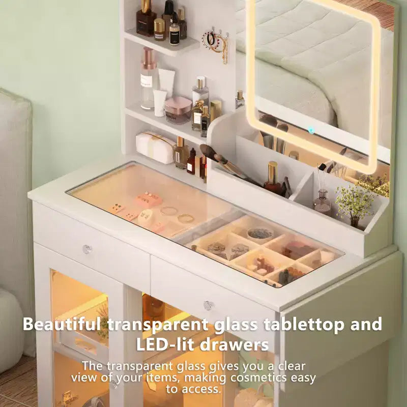 Coiffeuse avec Miroir Lumineux et Chaise, Petite Table de Maquillage avec Plateau en Verre, 2 Ports USB, Tiroirs et Armoire de Rangement Blanche
