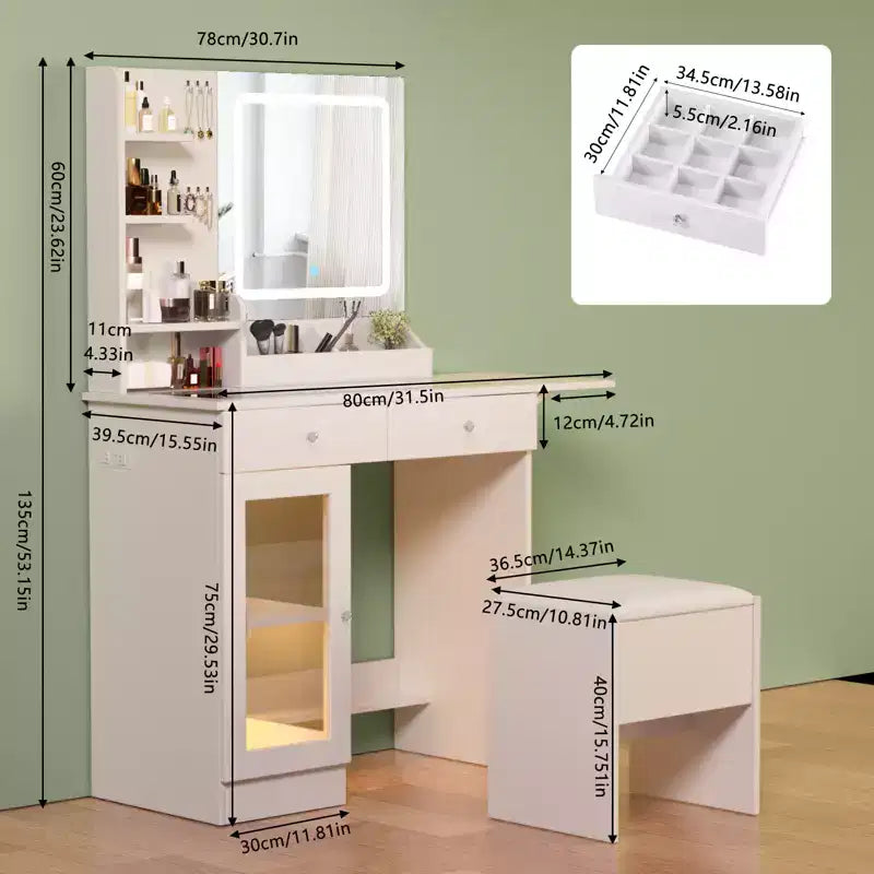 Coiffeuse avec Miroir Lumineux et Chaise, Petite Table de Maquillage avec Plateau en Verre, 2 Ports USB, Tiroirs et Armoire de Rangement Blanche