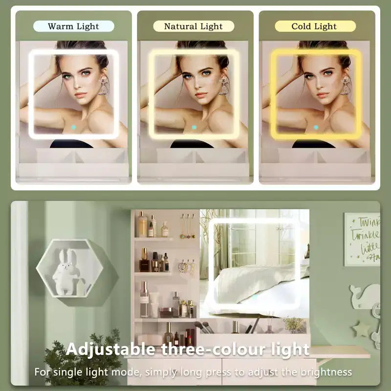 Coiffeuse avec Miroir Lumineux et Chaise, Petite Table de Maquillage avec Plateau en Verre, 2 Ports USB, Tiroirs et Armoire de Rangement Blanche