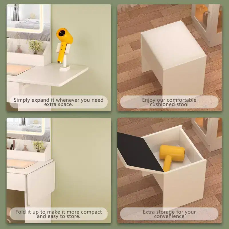 Coiffeuse avec Miroir Lumineux et Chaise, Petite Table de Maquillage avec Plateau en Verre, 2 Ports USB, Tiroirs et Armoire de Rangement Blanche