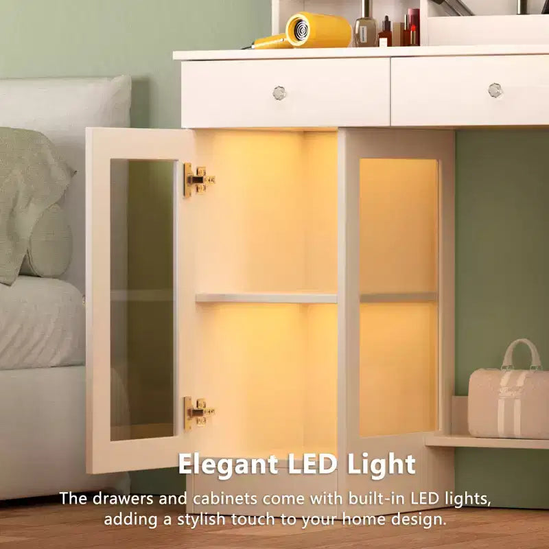 Coiffeuse avec Miroir Lumineux et Chaise, Petite Table de Maquillage avec Plateau en Verre, 2 Ports USB, Tiroirs et Armoire de Rangement Blanche