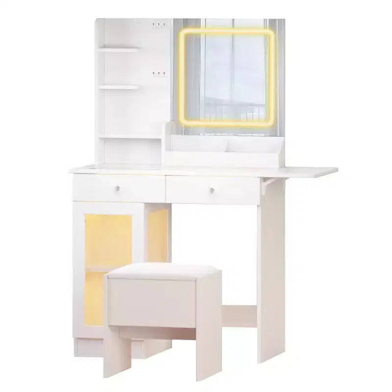 Coiffeuse avec Miroir Lumineux et Chaise, Petite Table de Maquillage avec Plateau en Verre, 2 Ports USB, Tiroirs et Armoire de Rangement Blanche