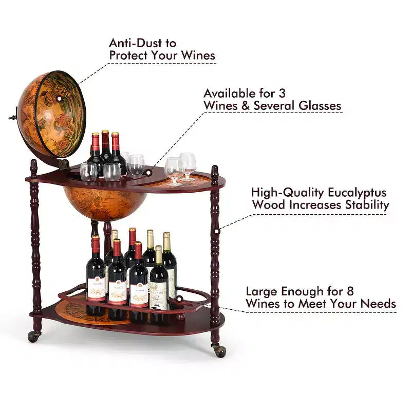 Bar meuble globe en bois 86 cm H Étagère à bouteilles de liqueur style italien du XVIe siècle