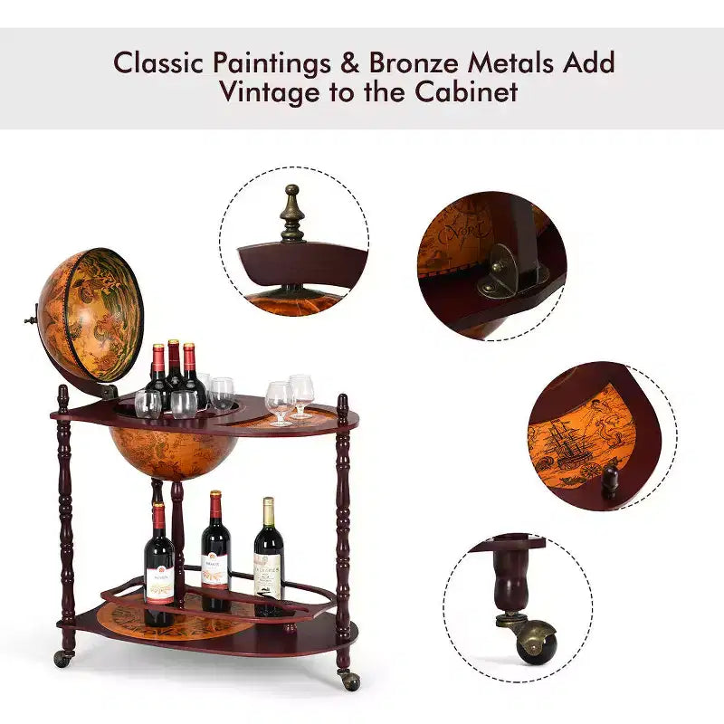 Bar meuble globe en bois 86 cm H Étagère à bouteilles de liqueur style italien du XVIe siècle