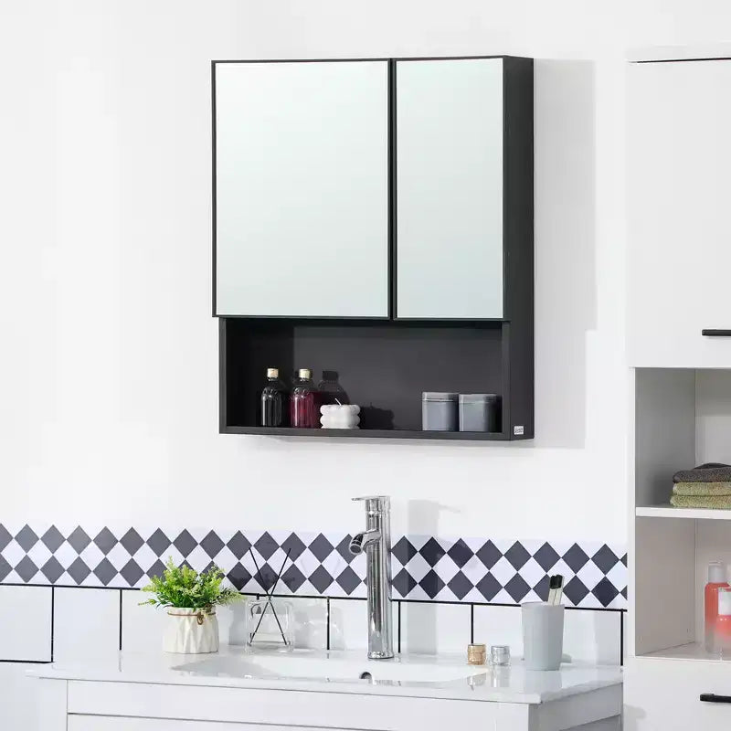 Armoire à pharmacie murale, armoire de toilette avec portes doubles et étagères de rangement, noire