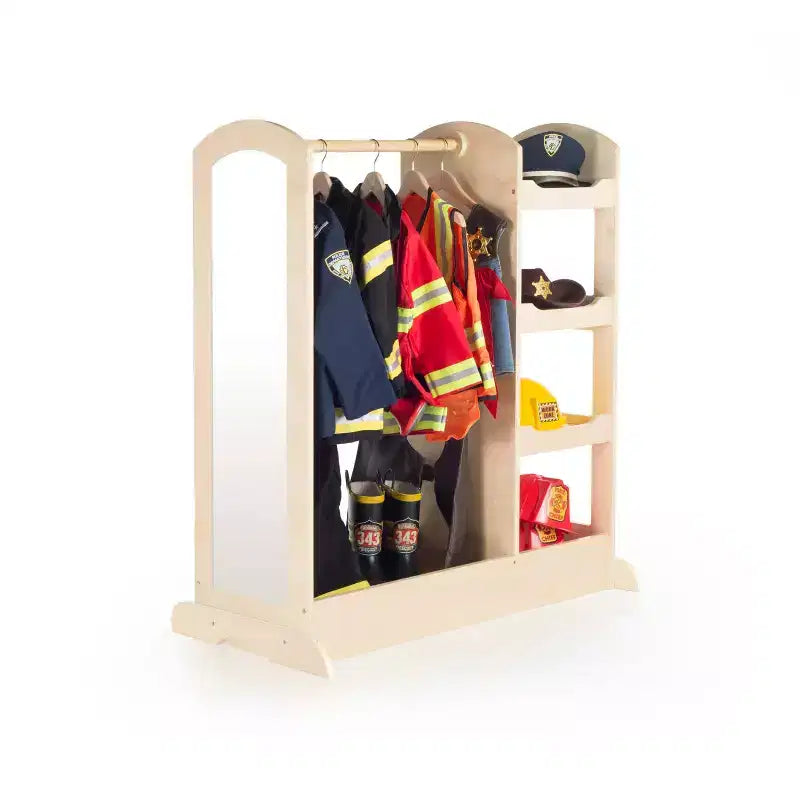 Centre de déguisement « See and Store » : Organisateur de vêtements et de costumes pour enfants, Étagère de rangement suspendue avec miroir et bacs de rangement