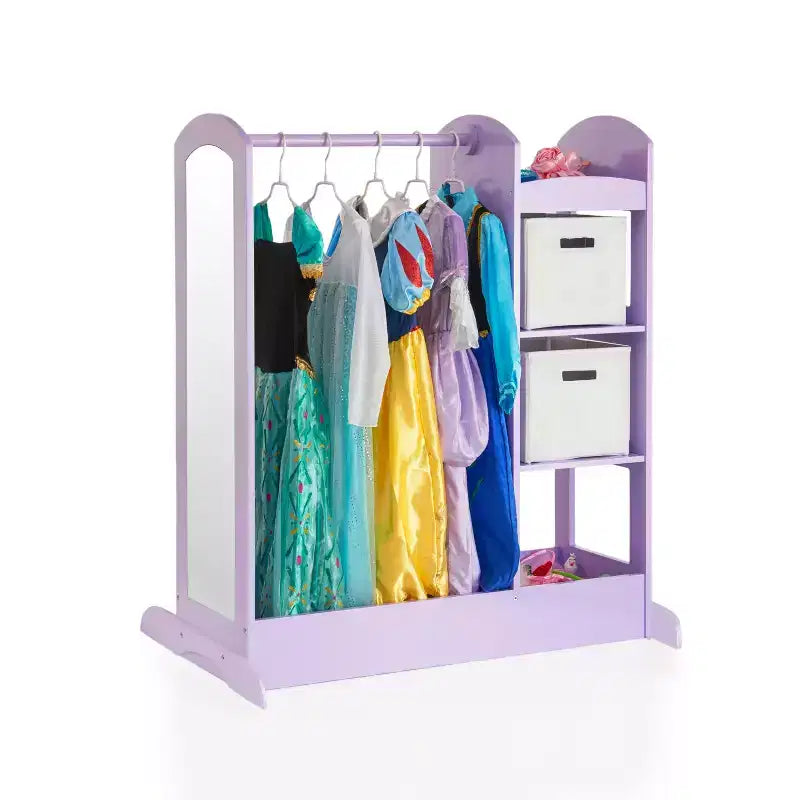 Centre de déguisement « See and Store » : Organisateur de vêtements et de costumes pour enfants, Étagère de rangement suspendue avec miroir et bacs de rangement